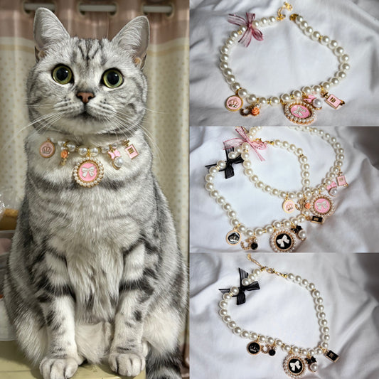 Luxury Lace Bow Cat Collar with Pearl Accents & Adjustable Dog Pendant Charm – Elegant Kitten Necklace for Persian, Siamese, and Ragdoll Cats, High-End Pet Fashion Accessory