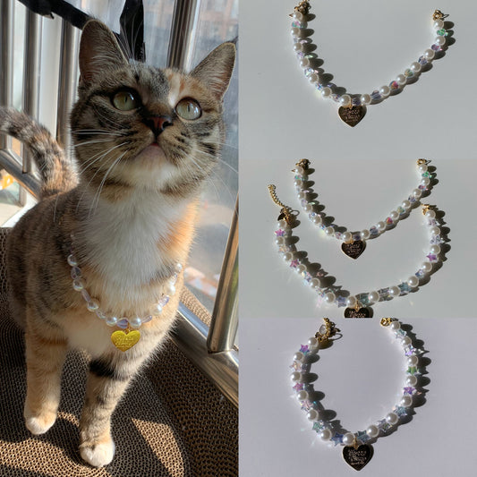 Handmade Pearl & Charm Pet Collar Necklace - Adjustable Dog Cat Choker with Heart, Star, Teddy Bear Charms for Small Dogs, Puppies, Kittens (Perfect Gift for Pet Lovers)